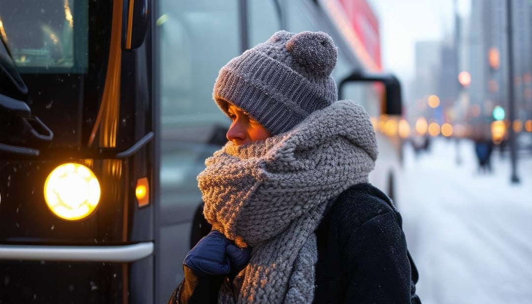 person dressed for winter weather, waiting for a luxury bus